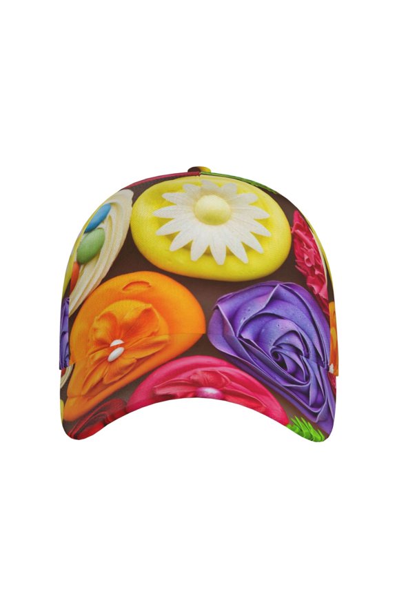 Brightly Colored Cupcakes for Baseball Cap: Unisex, crafted from classic polyester twill fabric, featuring a soft unconstructed design