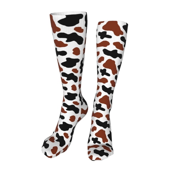 Xecao Brown Black Cow Print Calf Socks Seamless Toe, Knee High Long Socks, Sports Socks Trouser Socks for Women and Men-One Size