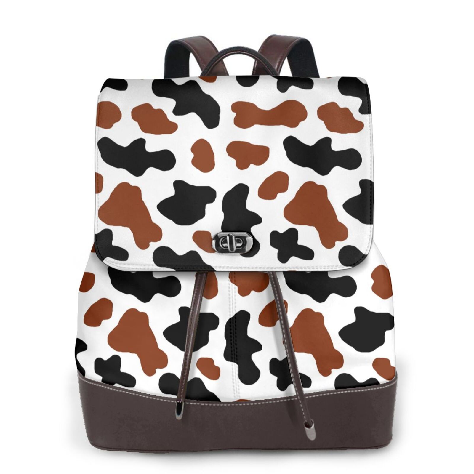 Xecao Brown Black Cow Print Large Backpack Soft Leather for Women Travel with Compartment, Adjustable Convertible Strap
