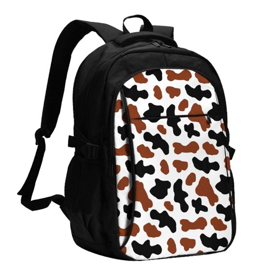 Xecao Brown Black Cow for Travel Laptop Backpack, USB-Charging-Enabled, Spacious Business Backpack for Men and Women,College School Computer Bag