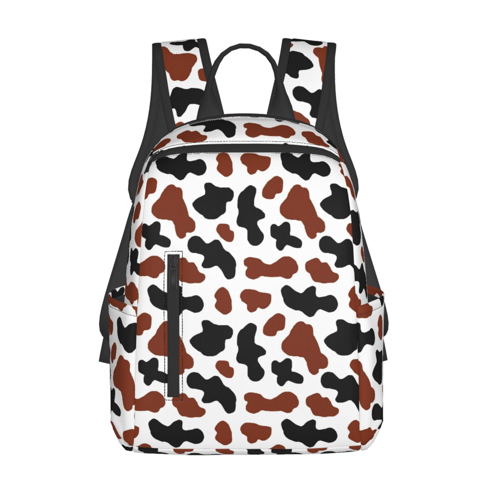 Xecao Brown Black Cow print Backpack For women men Aesthetic Lightweight Travel Daypack Simple Cute Backpack For Bookbag