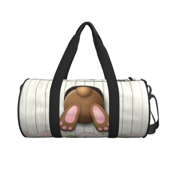 Xecao Brown Bunny print Round Travel Duffel Bag is a foldable gym bag with an inner pocket, perfect for travel sports