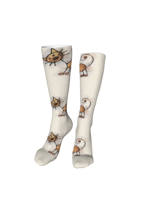 Brown Cat Cartoon Print Calf Socks Seamless Toe, Knee High Long Socks, Sports Socks Trouser Socks for Women and Men-One Size