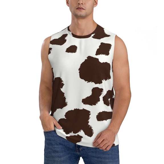 Xecao Brown Cow Print Men's Tank Top: Sleek Sleeveless Tee for Casual Sports and Beach Occasions-Small