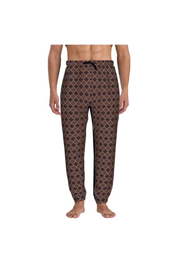 Brown Gold Grid Print Active Tech Joggers for Men, Mens Sweatpants Lounge Pants with Pockets-Small