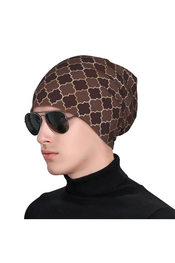 Brown Gold Grid Print Beanie Knitted Hat for Men Women, Winter Fashion Knit Cuffed Caps Unisex