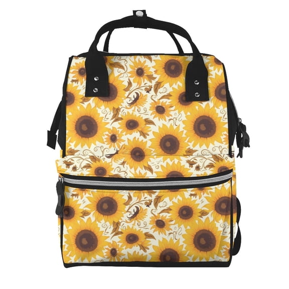 Xecao Brown Leaf Pattern Sunflower print Large Capacity Nappy Bag is a multi-functional waterproof travel backpack, perfect as a nursing bag or mummy backpack for women