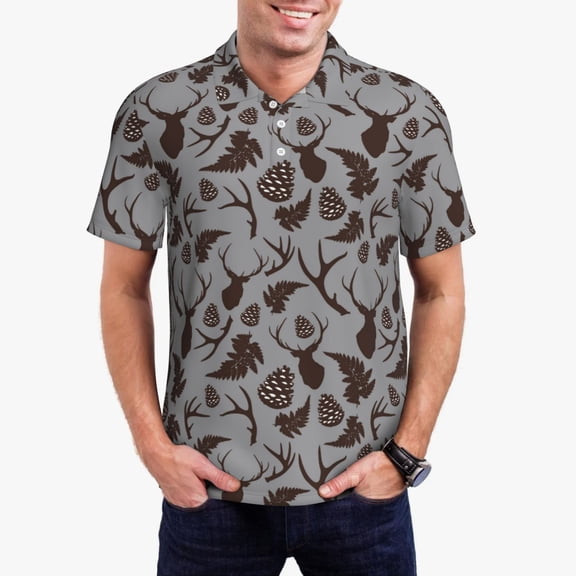 Xecao Brown Moose with Pinecones Mens' Casual Short Sleeve Button-Down Polo Shirts for a Classic Golf Shirts-X-Large