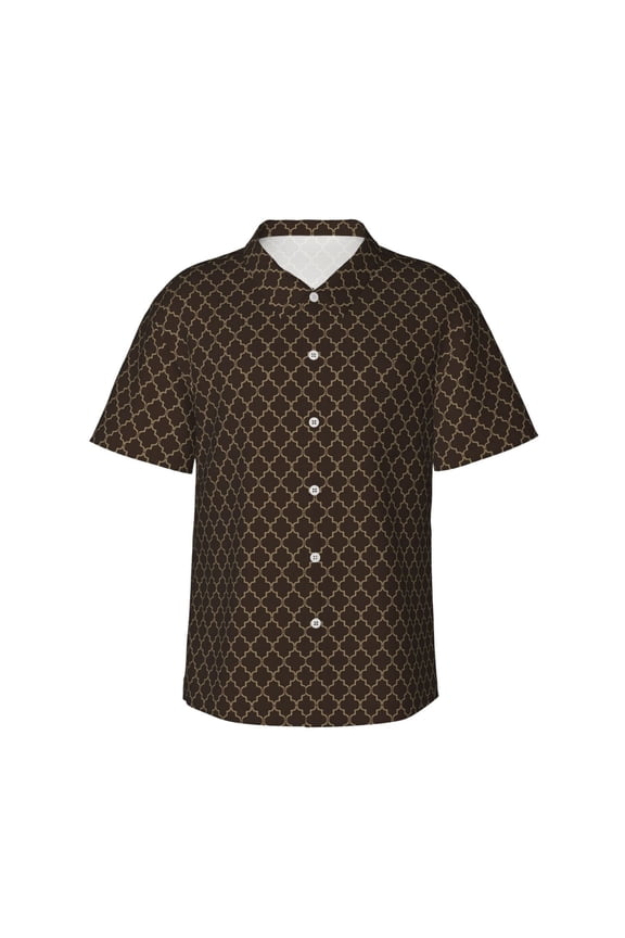 Brown Moroccan Trellis print Hawaiian shirt - a stylish short-sleeve button-down for men, perfect for casual beach and tropical outings.