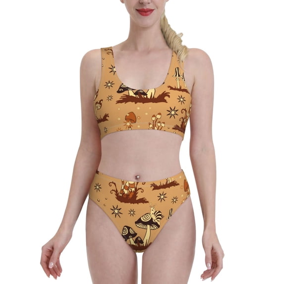 Xecao Brown Mushrooms for Two-Piece Swimsuit for Women - a sporty, high-waisted bathing suit perfect for the beach, parties, or surfing adventures