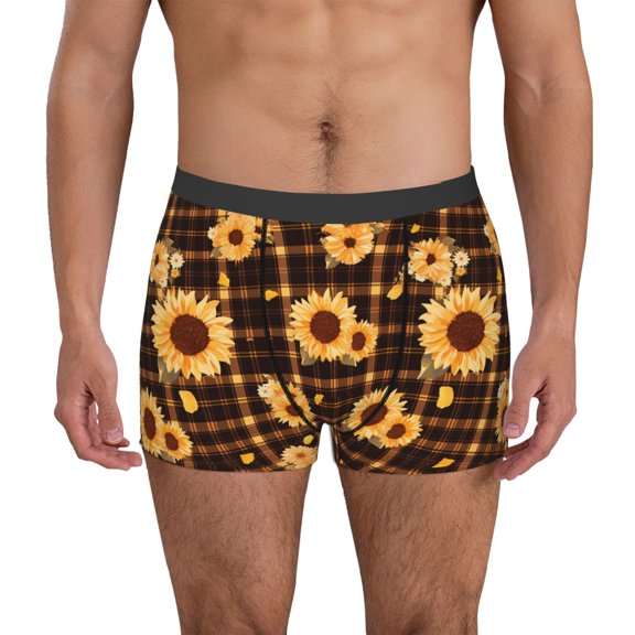 Xecao Brown Plaid Sunflower Print Men's Underwear Boxer Briefs Pack - Your ComfortSoft, Moisture-Wicking, and Breathable Choice for Men's Underwear-Medium