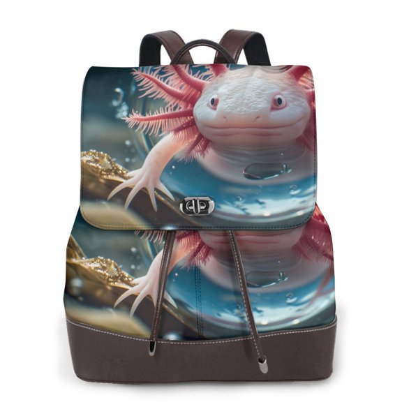 Xecao Bubbles Axolotl Fantasy Print Large Backpack Soft Leather for Women Travel with Compartment, Adjustable Convertible Strap