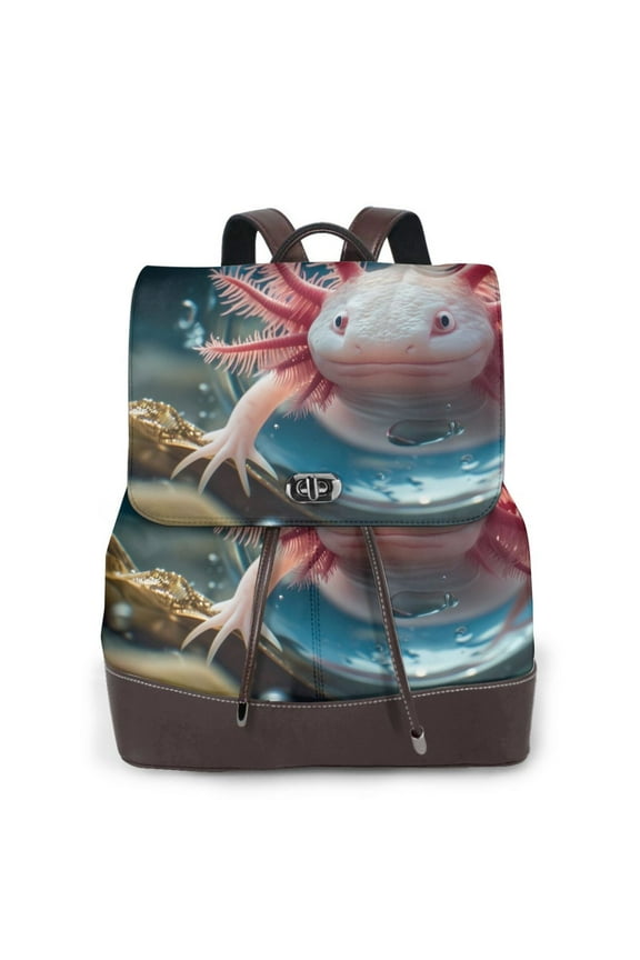 Bubbles Axolotl Fantasy Print Large Backpack Soft Leather for Women Travel with Compartment, Adjustable Convertible Strap