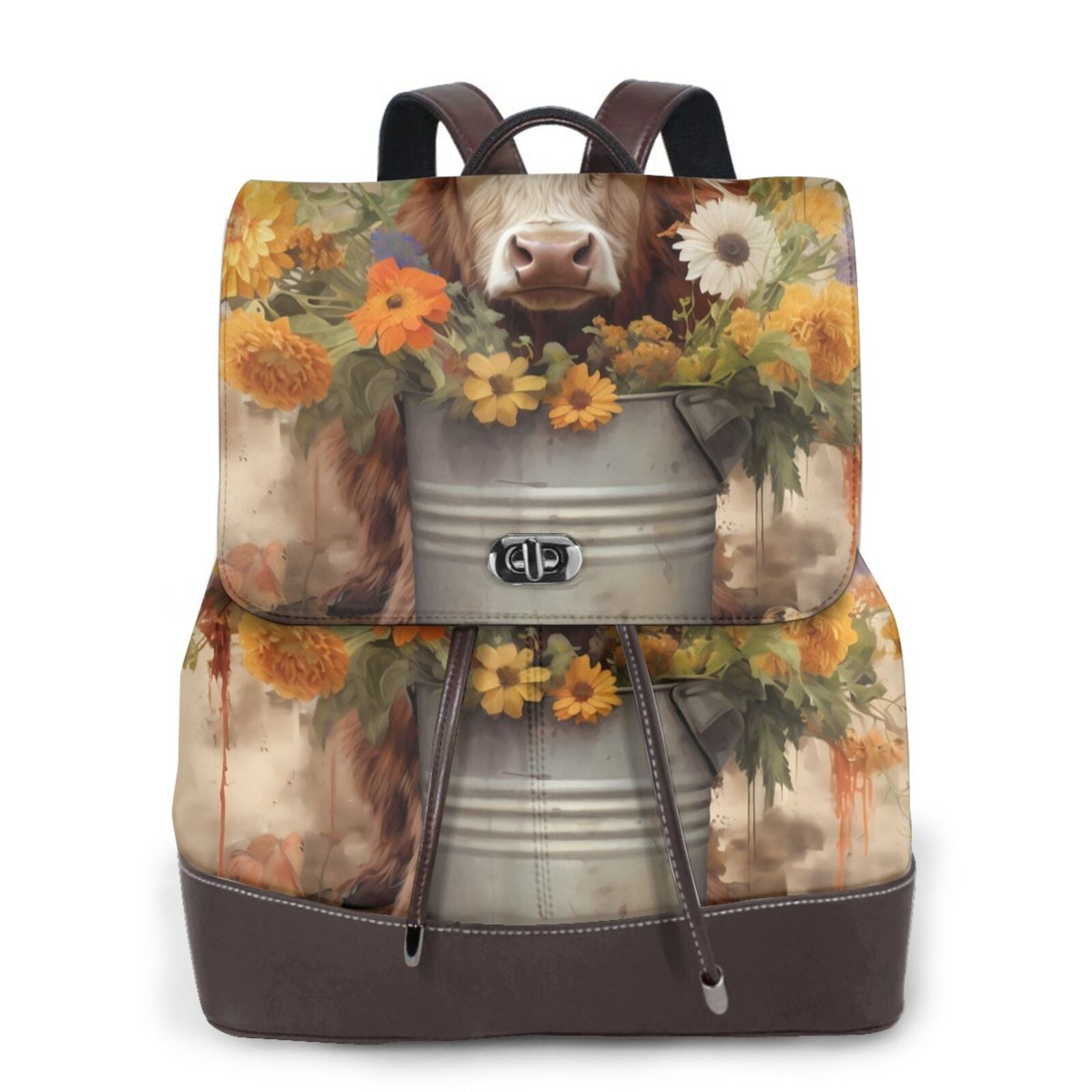 Xecao Bucket Flower Cow Print Large Backpack Soft Leather for Women Travel with Compartment, Adjustable Convertible Strap
