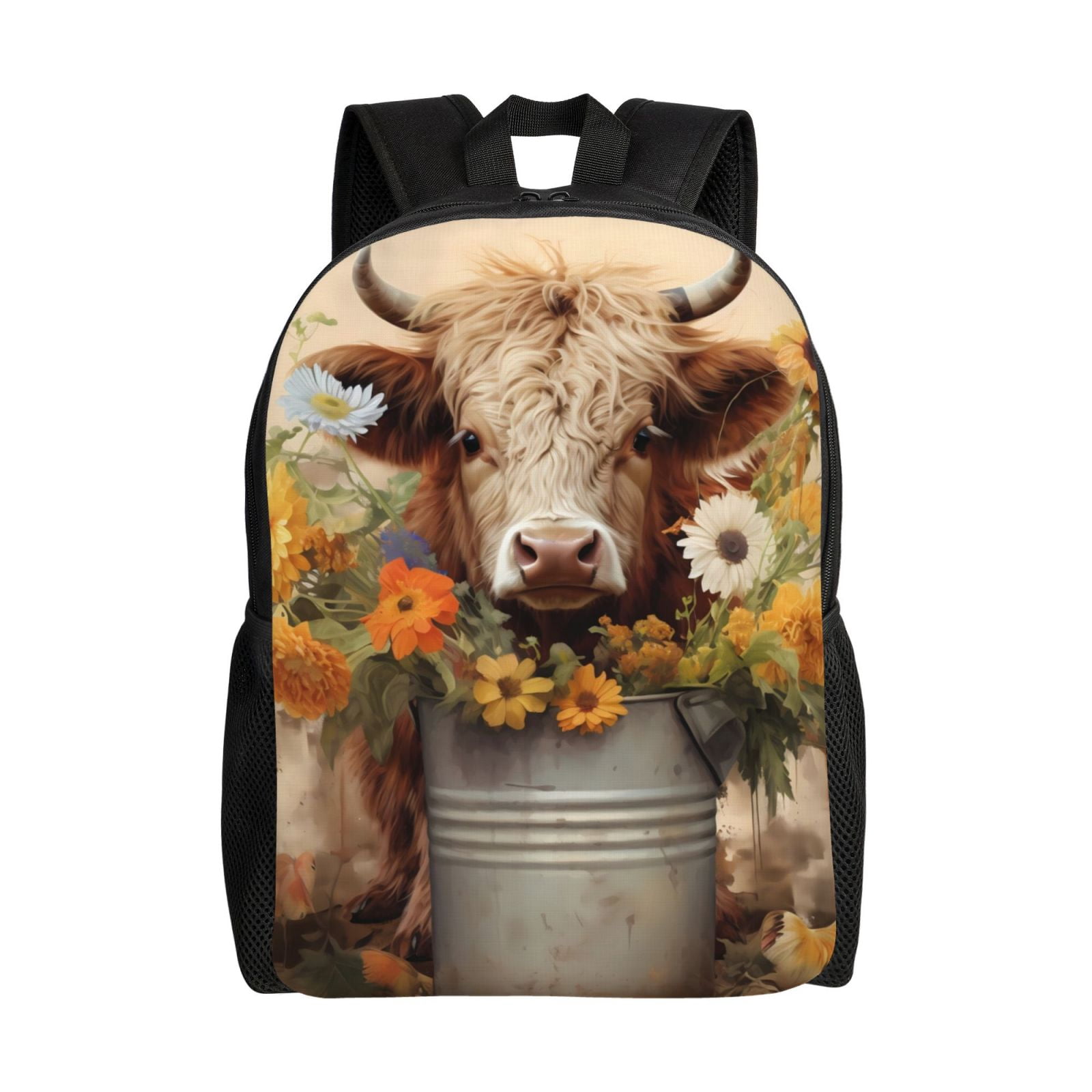 Xecao Bucket Flower Cow Print School Backpack with Laptop Compartment Small Travel Laptop Backpack for Women Men Waterproof College Backpack Simple School Bag