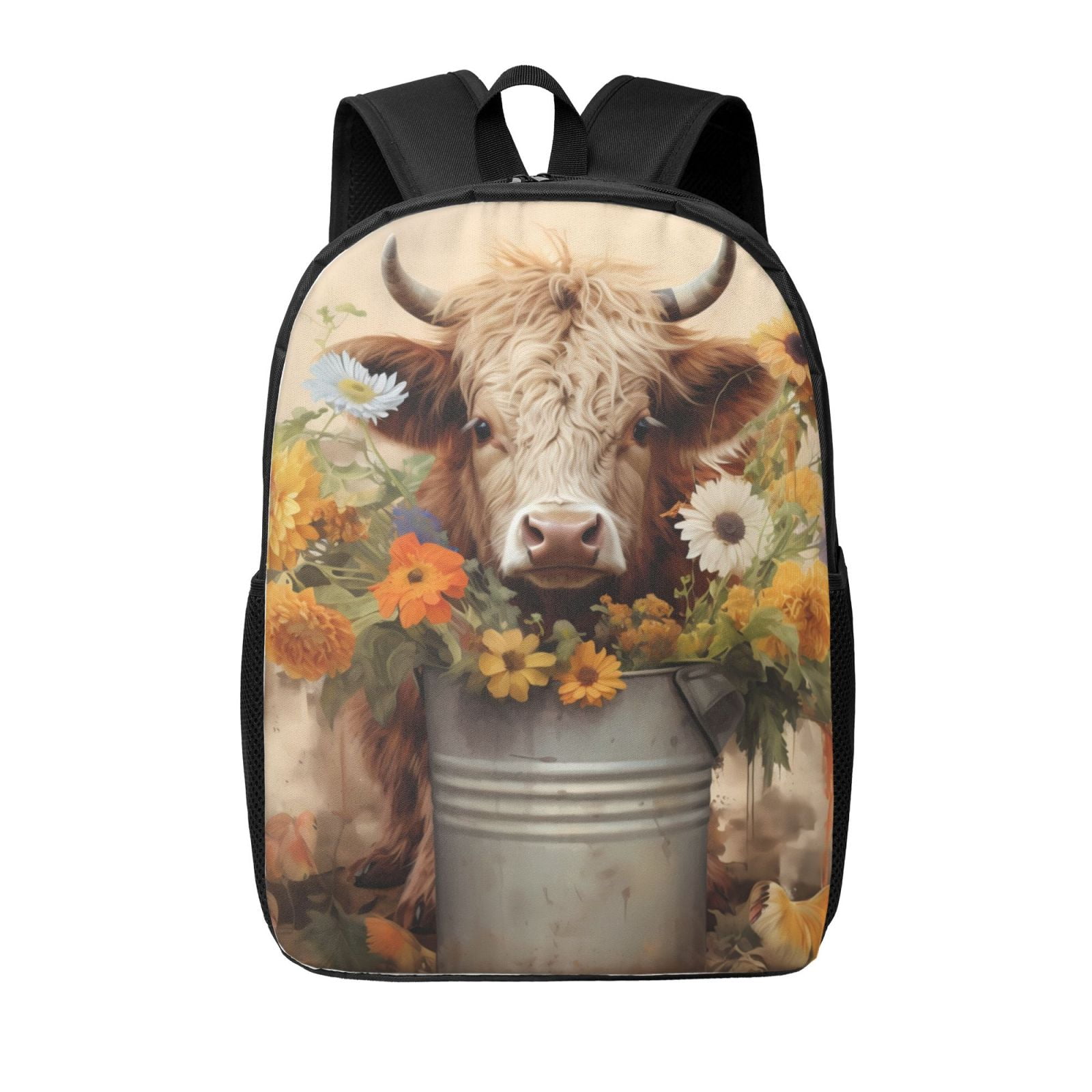 Xecao Bucket Flower Cow print Travel Backpack, Large Computer Backpack for Men Women, College School Rucksack Book Bag