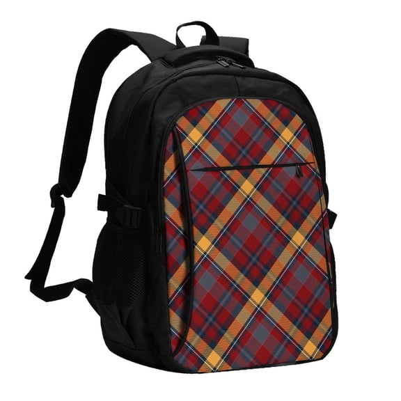 Xecao Buffalo Check Plaid for Travel Laptop Backpack, USB-Charging-Enabled, Spacious Business Backpack for Men and Women,College School Computer Bag