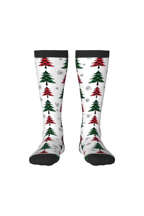 Buffalo Plaid Christmas Trees print thigh-high socks, crafted for both men and women with a stretchy, high-opaque design perfect for daily wear