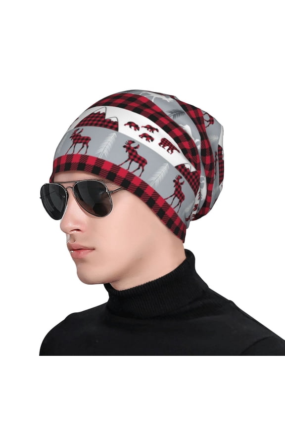 Buffalo Plaid Forest Print Beanie Knitted Hat for Men Women, Winter Fashion Knit Cuffed Caps Unisex