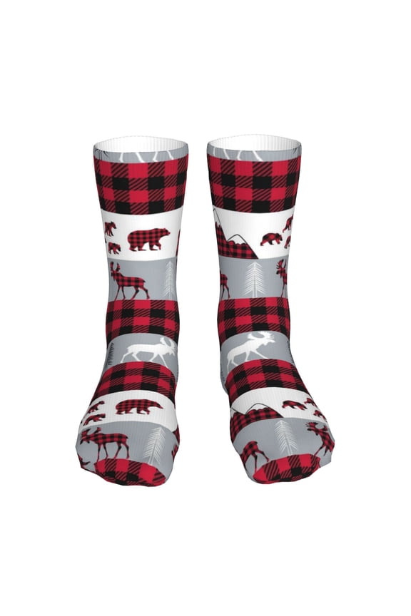 Buffalo Plaid Forest Print Fashion No Heel Casual Crew Socks Cushioned Breathable for Men Women - Moisture wicking,Not easy to fade Suitable for daily