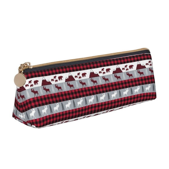 Xecao Buffalo Plaid Forest Print Leather Pencil Case -Stationery Bag Pen Holder for Work & Office
