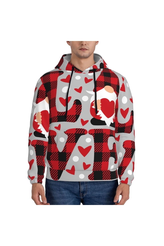 Buffalo Plaid Love And Gnome Pattern Men's Adult Pullover Hoodie,Hooded Sweatshirt-Medium