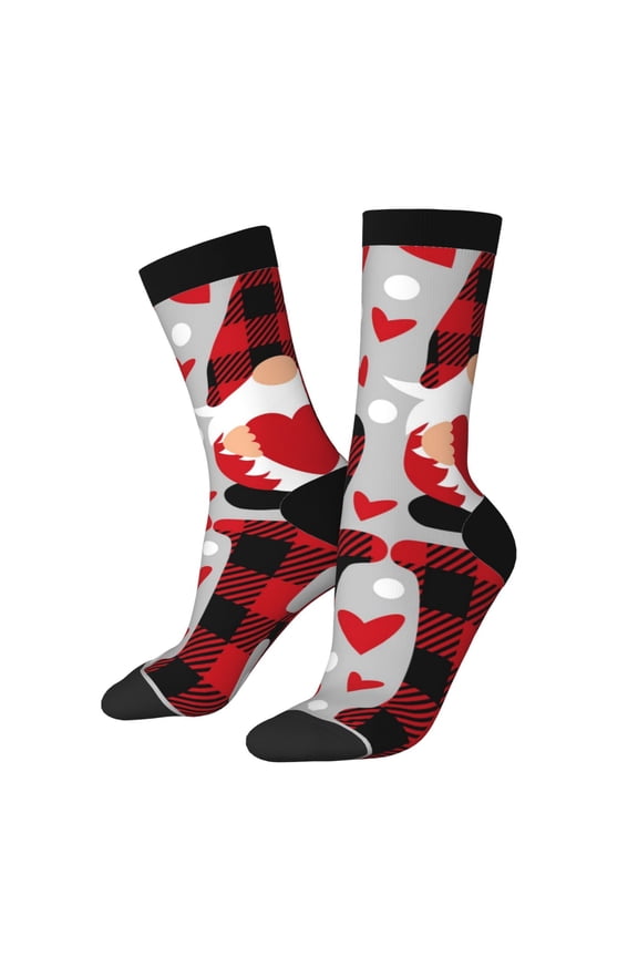 Buffalo Plaid Love And Gnome Pattern Sport Socks for Women and Men Crew Socks Sporty Calf Socks Casual Socks