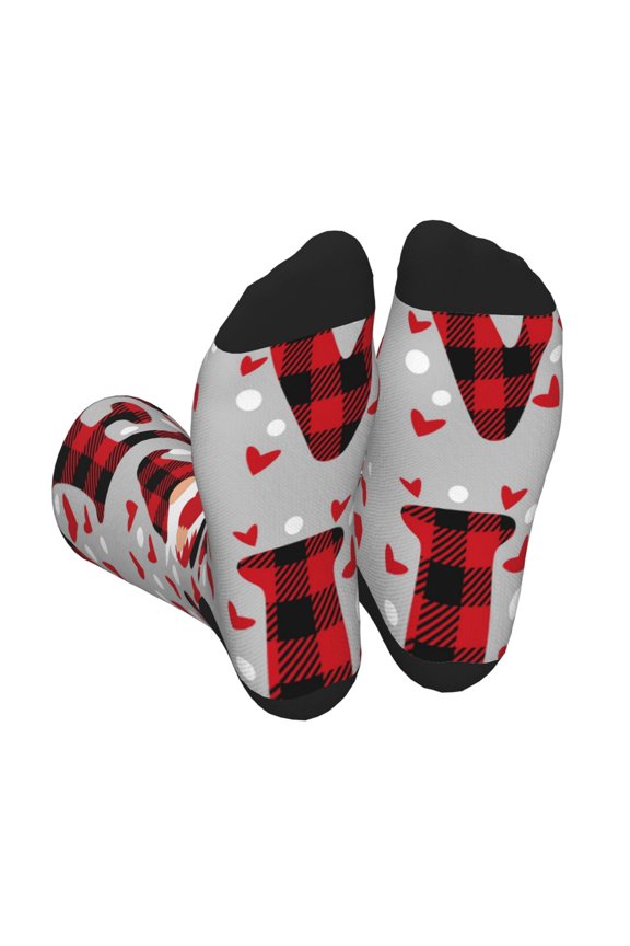Buffalo Plaid Love And Gnome Print Crew Socks for Men and Women, Men's Soft Moisture-wicking Sock