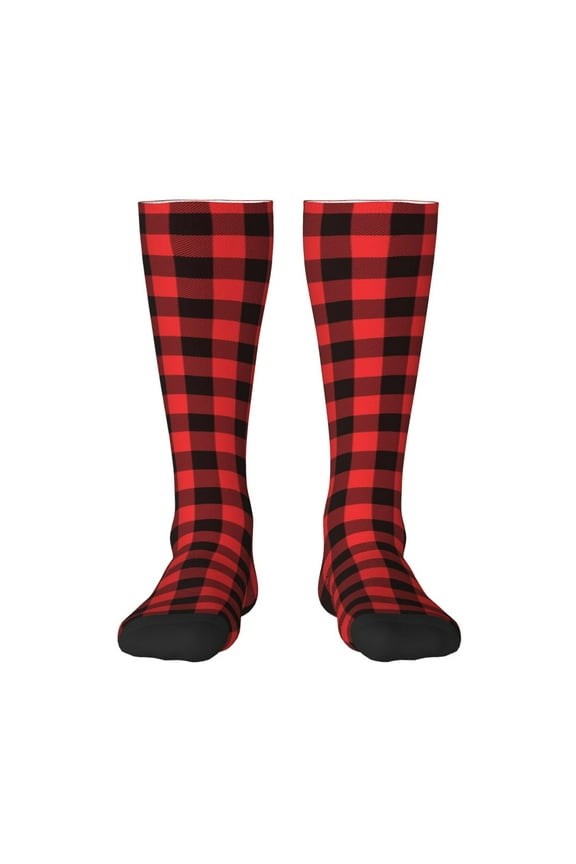 Buffalo Plaid Red Black print thigh-high socks, crafted for both men and women with a stretchy, high-opaque design perfect for daily wear