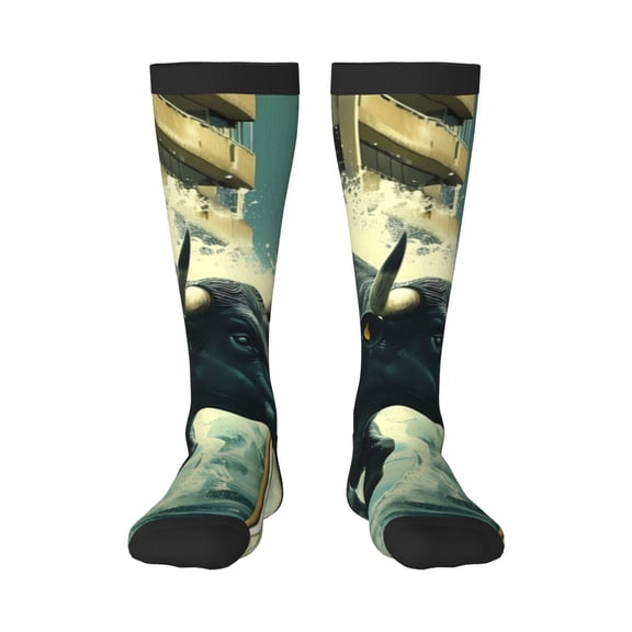 Xecao Bull Charging Through Waves Print Compression Socks for Both Men And Women for Running, Travel, Flight, Nurse
