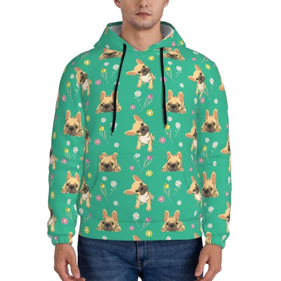 Xecao Bulldog Puppy Flower Pattern Men's Adult Pullover Hoodie,Hooded Sweatshirt-Small
