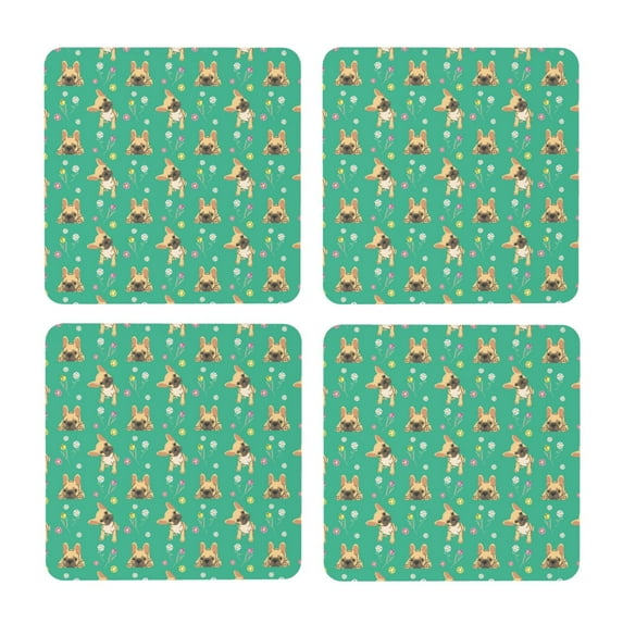 Xecao Bulldog Puppy Flower for MDF Cork Coaster 4 Pcs,Drink Coasters,Suit for House Warming Gifts New Home ,Coffee Table Decor-Square