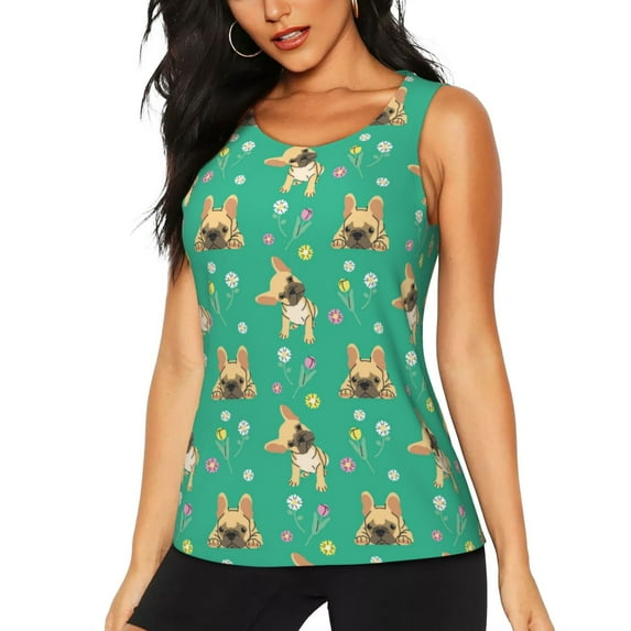 Xecao Bulldog Puppy Flower print women's scoop neck, loose-fit workout tank tops for the gym.
