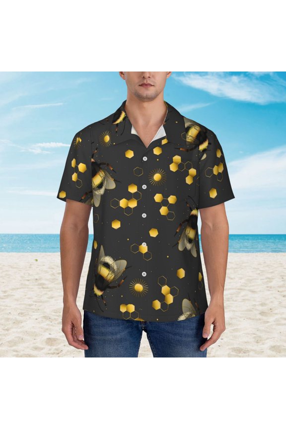 Bumblebee print Hawaiian shirt - a stylish short-sleeve button-down for men, perfect for casual beach and tropical outings.