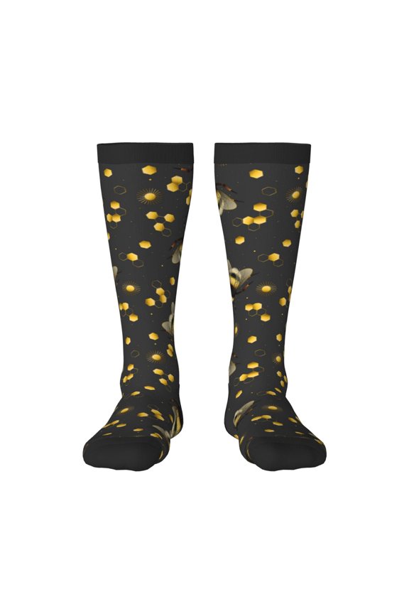 Bumblebee print thigh-high socks, crafted for both men and women with a stretchy, high-opaque design perfect for daily wear