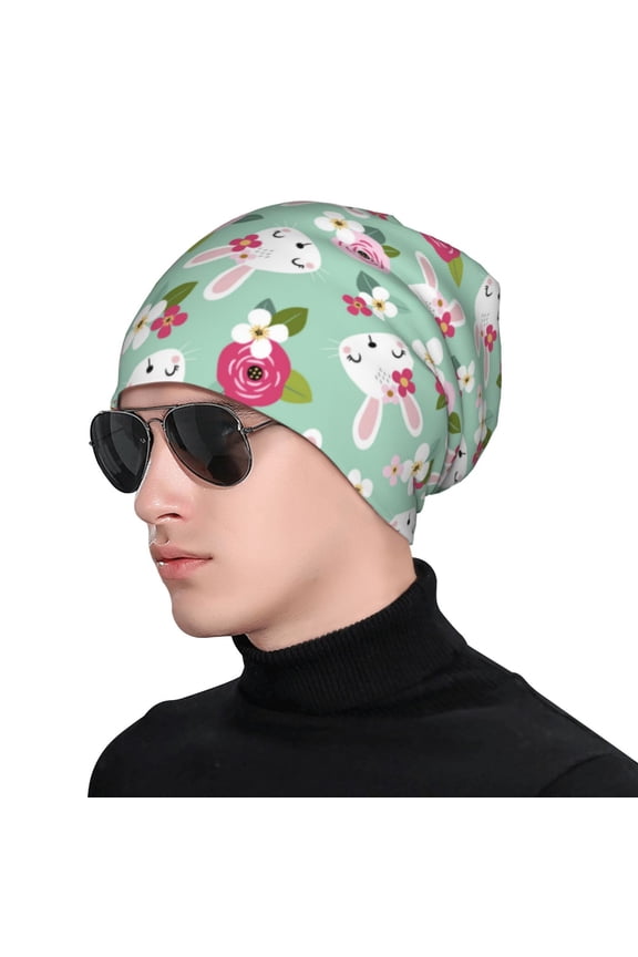 Bunny And Rose Print Beanie Knitted Hat for Men Women, Winter Fashion Knit Cuffed Caps Unisex