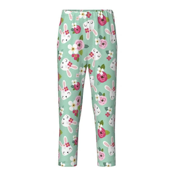 Xecao Bunny And Rose Print Teenagers' Pajama Pants Long Sleep Pants Soft Elastic Waist Pajama Bottoms Elastic waist with 2 Pockets 5-16 Years-Small