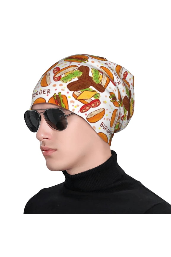 Burger Print Beanie Knitted Hat for Men Women, Winter Fashion Knit Cuffed Caps Unisex