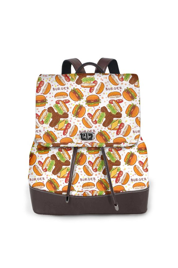 Burger Print Large Backpack Soft Leather for Women Travel with Compartment, Adjustable Convertible Strap