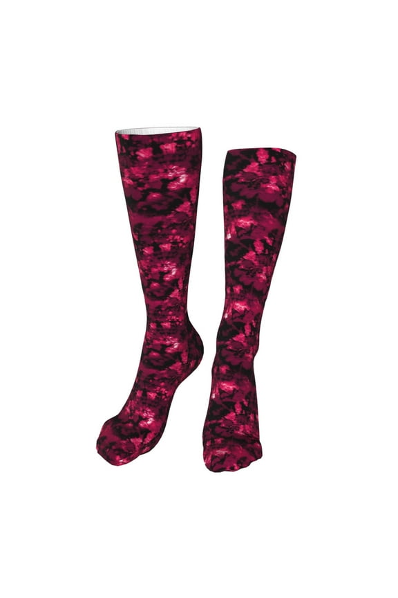 Burgundy Tie Dye Print Calf Socks Seamless Toe, Knee High Long Socks, Sports Socks Trouser Socks for Women and Men-One Size