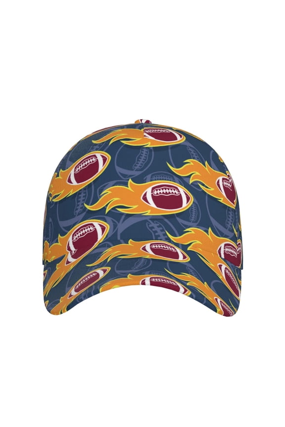 Burning Rugby Balls for Baseball Cap: Unisex, crafted from classic polyester twill fabric, featuring a soft unconstructed design