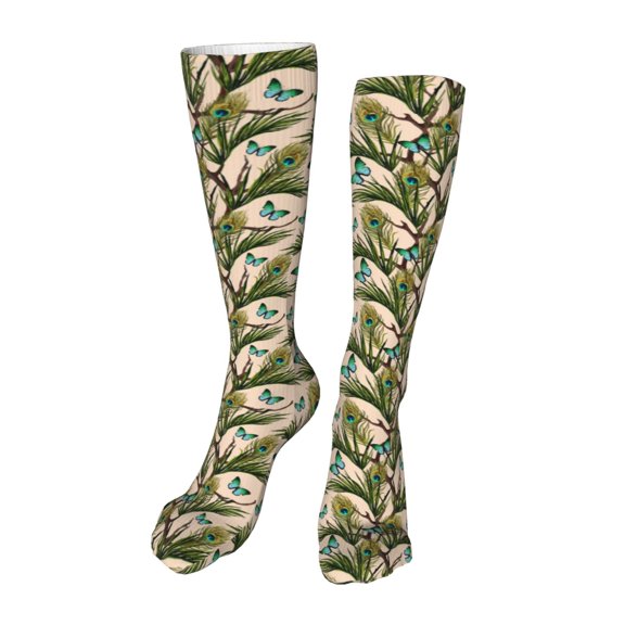 Xecao Butterflies And Peacock Feathers Print Calf Socks Seamless Toe, Knee High Long Socks, Sports Socks Trouser Socks for Women and Men-One Size