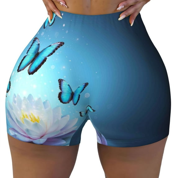 Xecao Butterflies And Waterlily In Water Print Workout Shorts for Women Soft Smooth Gym Yoga Scrunch Active Tennis Workout Running Shorts
