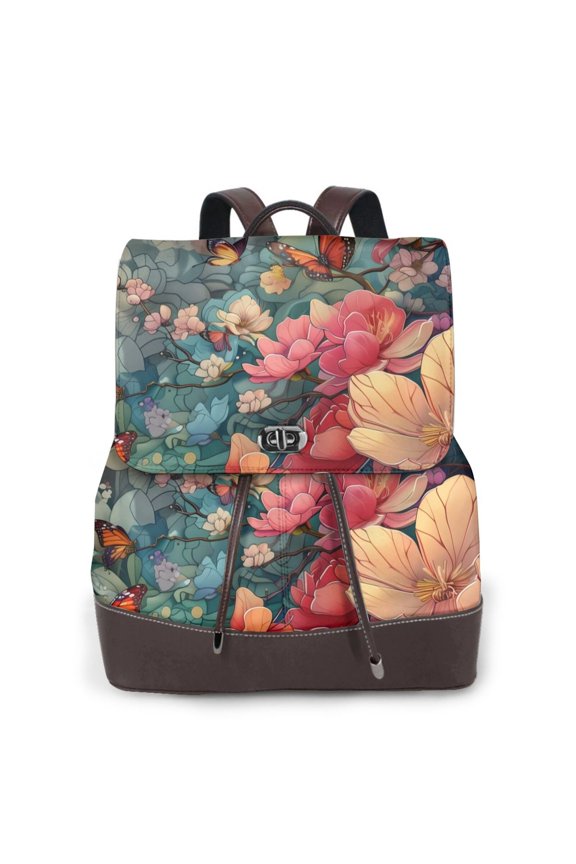 Butterflies In Blooming Garden Print Large Backpack Soft Leather for Women Travel with Compartment, Adjustable Convertible Strap