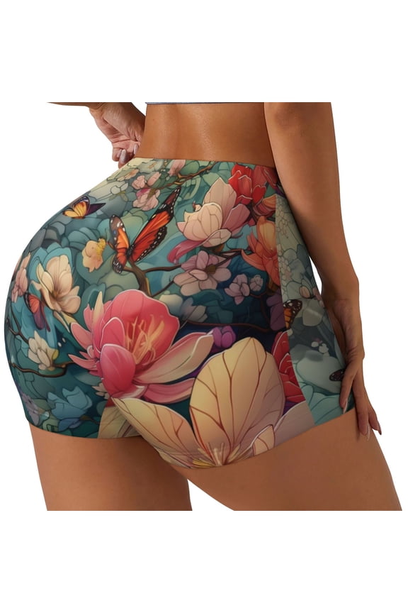 Butterflies In Blooming Garden Print Workout Shorts for Women Soft Smooth Gym Yoga Scrunch Active Tennis Workout Running Shorts-Medium