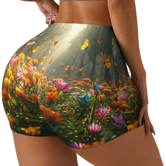 Xecao Butterflies In Flower Field Print Workout Shorts for Women Soft Smooth Gym Yoga Scrunch Active Tennis Workout Running Shorts-Medium