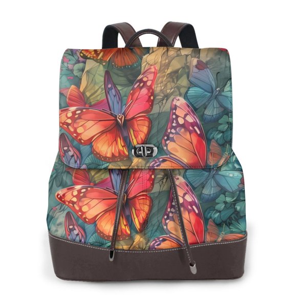 Xecao Butterflies On Rocky Cliff Print Large Backpack Soft Leather for Women Travel with Compartment, Adjustable Convertible Strap