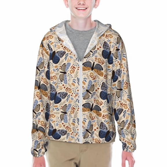 Xecao Butterflies Print Fishing Shirts for teenager Long Sleeve UV Sun Protection Hoodie with Zipper Outdoor Hiking Shirts-XX-Large