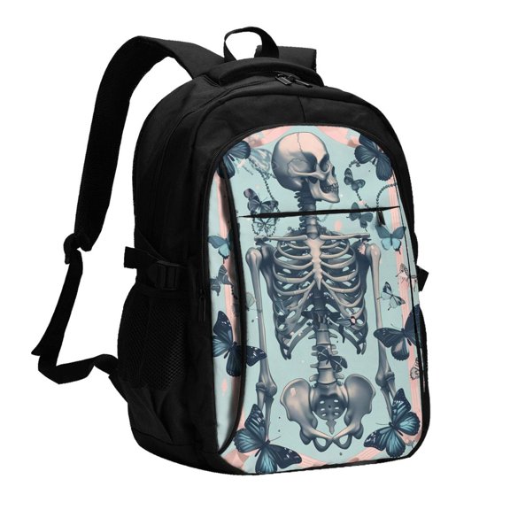 Xecao Butterflies Skull Bows for Travel Laptop Backpack, USB-Charging-Enabled, Spacious Business Backpack for Men and Women,College School Computer Bag