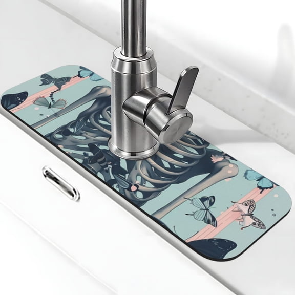 Xecao Butterflies Skull Bows for Kitchen Sink Splash Guard Faucet Mat , Faucet Guard & Draining mat, (15" X 5.5" )